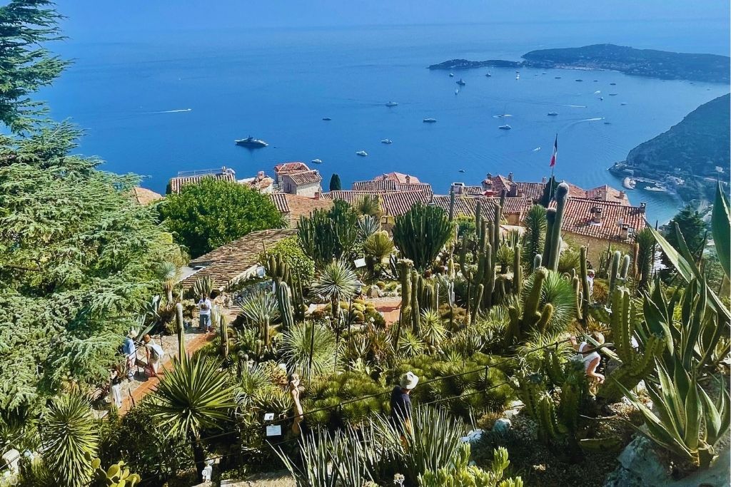 View from Jardin Exotique d&rsquo;&Egrave;ze with cacti and panoramic Mediterranean Sea views