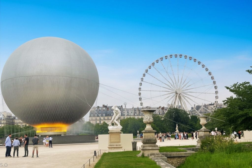 A serene view of Jardin des Tuileries, featuring ornamental ponds, green chairs, and children sailing toy boats under the Parisian sun