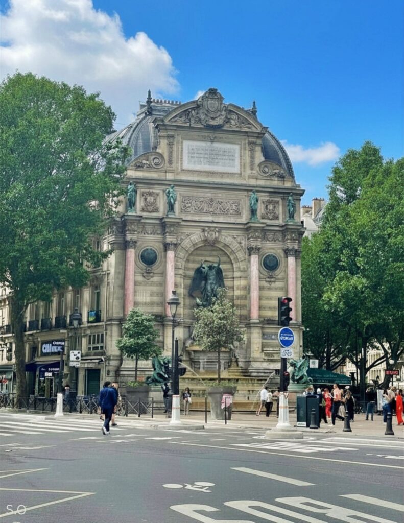 Built in 1860 by Gabriel Davioud, the Saint-Michel Fountain stands tall at 72 feet and features a bronze statue of Archangel Michael wrestling with the devil.