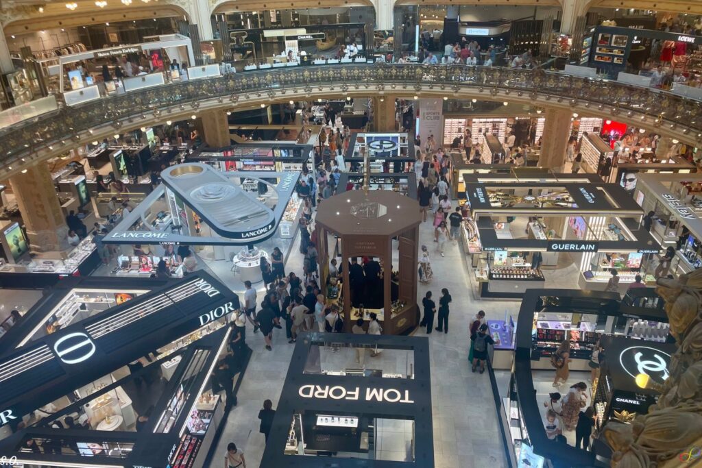 An interior view of Galeries Lafayette with famous French and international makeup stores